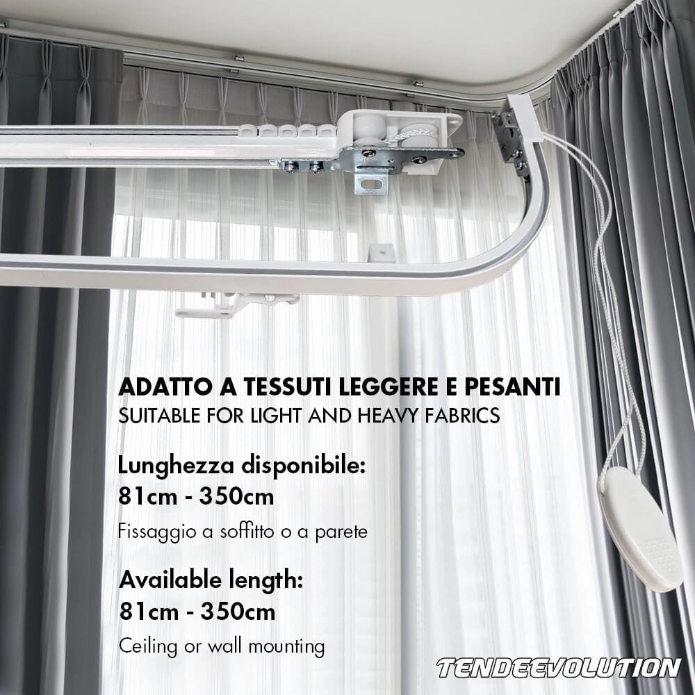 Binario Scorritenda da Parete in Alluminio Bianco, Curve Sporgenti 22cm, Movimento a Corda, Apertura Centrale CM lunghezza 160cm