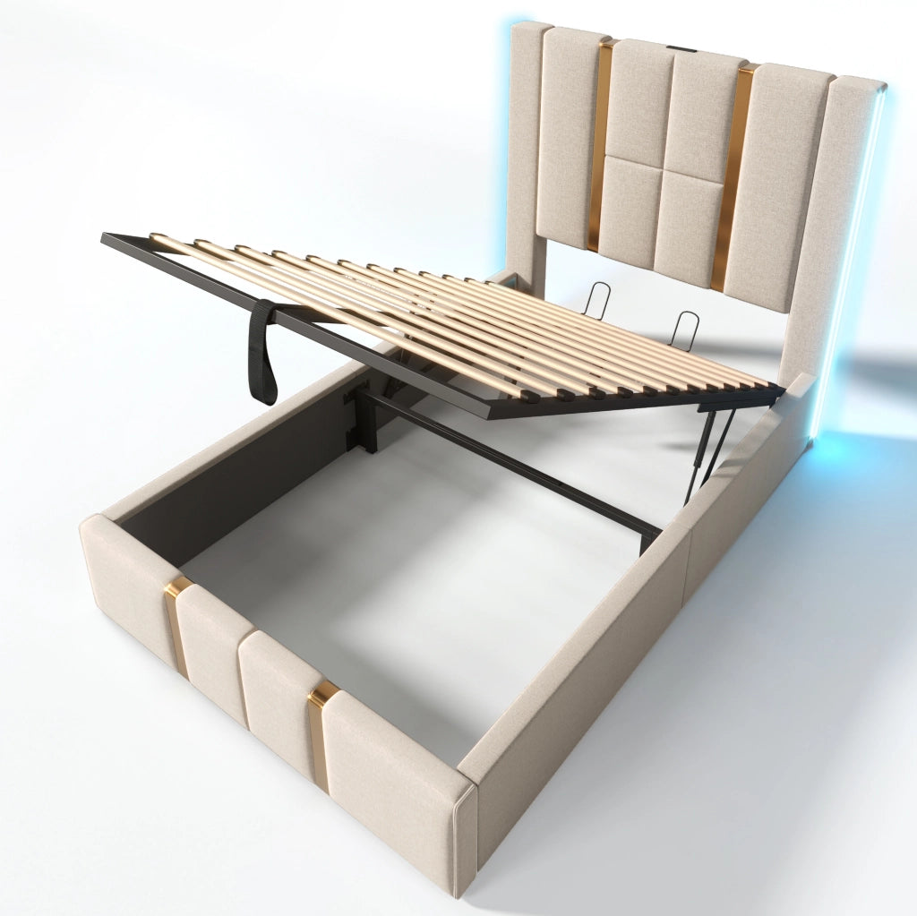Letto imbottito 90x200 cm in lino beige con LED RGB, USB e Type-C, contenitore e rete a doghe