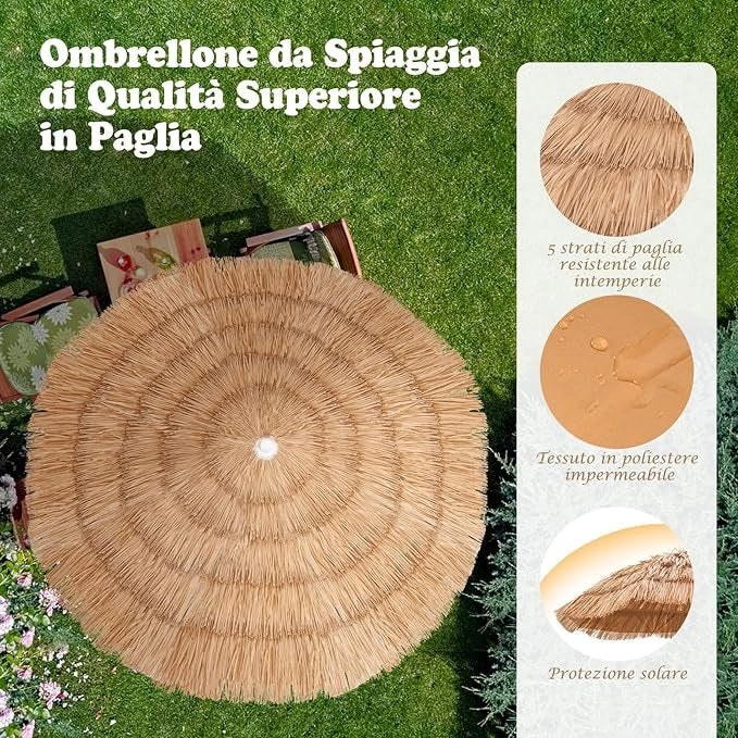 Ombrellone da Spiaggia di Paglia, Ombrellone da Giardino 175 cm con Borsa e Design Inclinabile, Ombrellone da Esterno Portatile per Spiaggia Giardino Balcone Mare