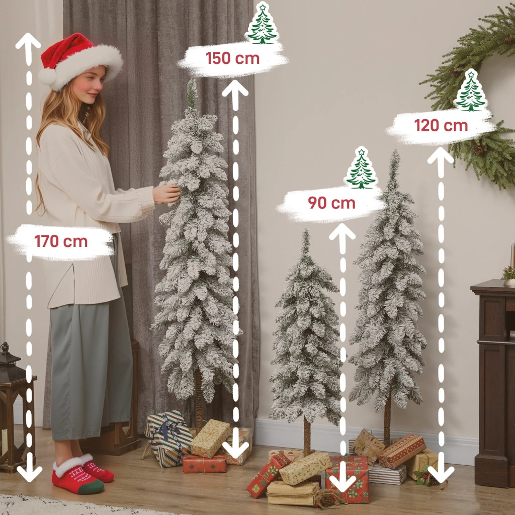 Set 3 Alberi di Natale Artificiali Innevati con Base in Metallo Ignifughi Plastica Bianco e Verde per Casa