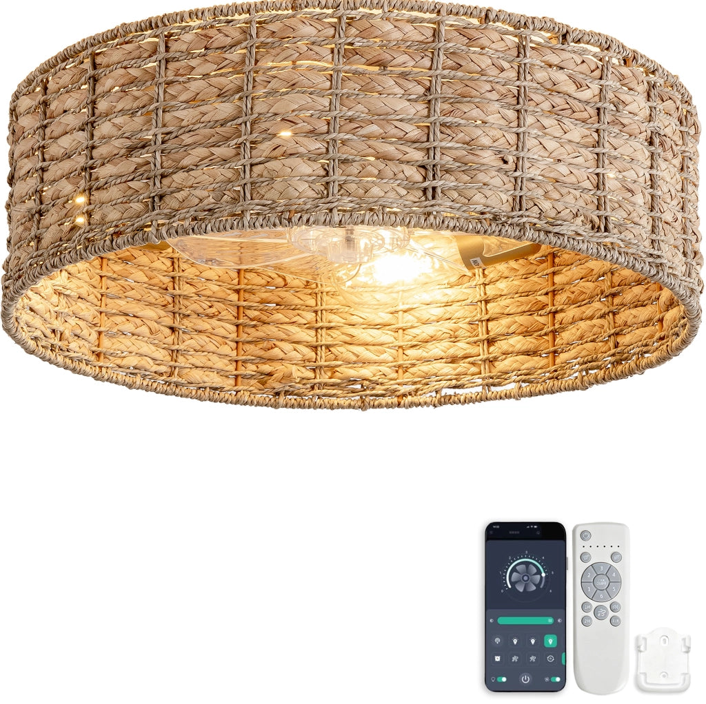 VENTILATORE da soffitto con luce in rattan color rame, controllo App e telecomando