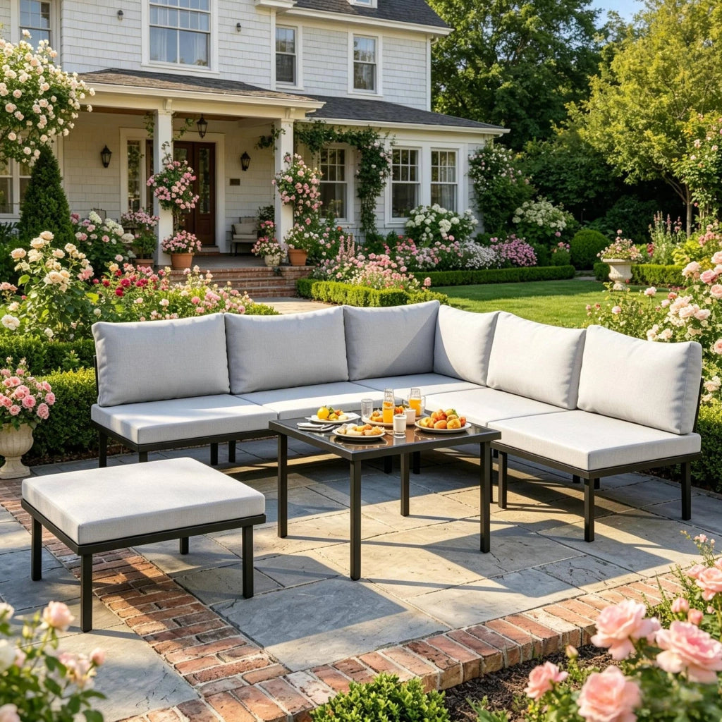 Set da giardino modulare ULEVR 6 pezzi con divano 2 posti, poltrone, pouf e tavolino in vetro, nero e grigio chiaro