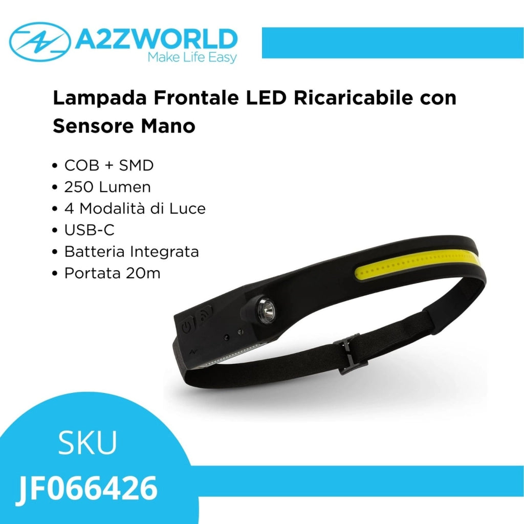 Lampada Frontale LED Ricaricabile con Sensore Mano, Torcia Frontale COB + SMD, 250 Lumen, 4 Modalità di Luce, USB-C, Batteria Integrata, Portata 20m