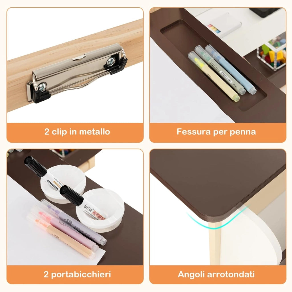 Set 3 in 1 Tavolo e Sedie per Bambini 3+ Anni, Tavolo in Legno Sicuro con Lavagna Cancellabile, Magnetica, Cavalletto Regolabile, Libreria e Accessori Artistici, per Disegno (Caffè)