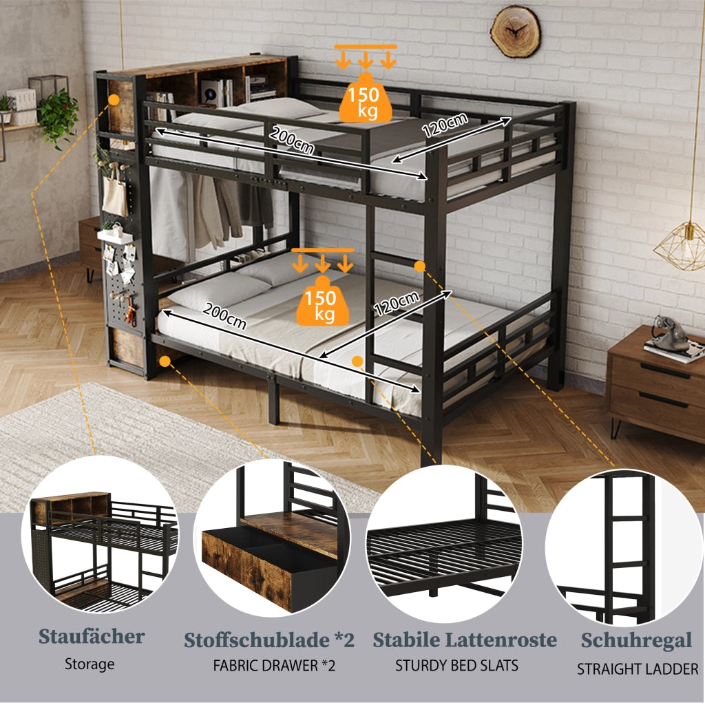 Letto a castello 120 × 200 cm in metallo e legno nero e noce scuro con modulo contenitore laterale