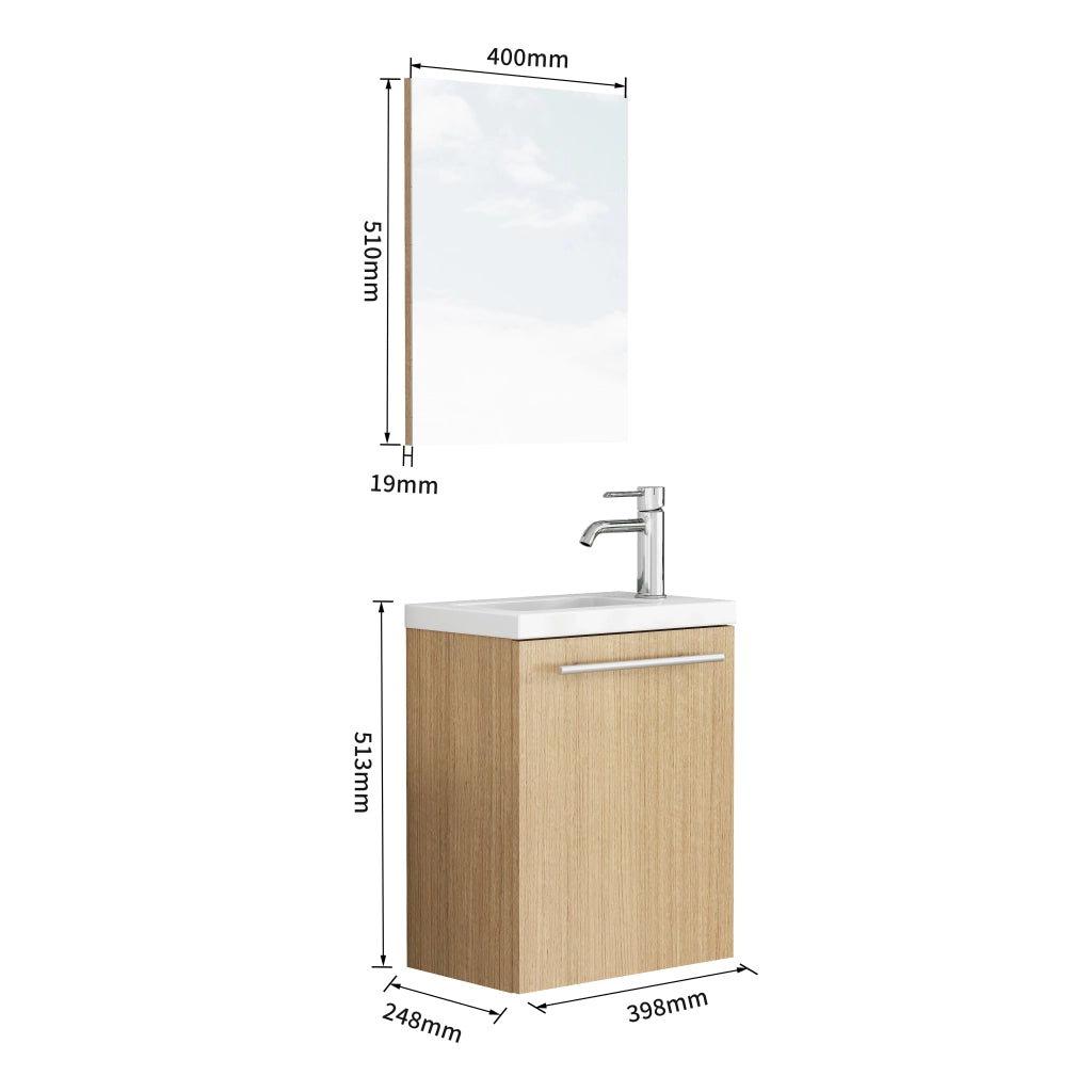 Mobile bagno sospeso con lavabo in ceramica e specchio, MDF color rovere