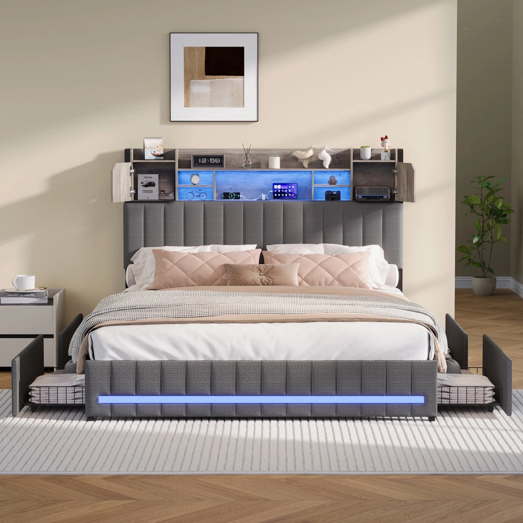 Letto Matrimoniale 160x200 cm con 4 Cassetti; Struttura Letto Imbottito con Luci LED e Porta USB; Testiera in Lino; Senza Materasso; Grigio