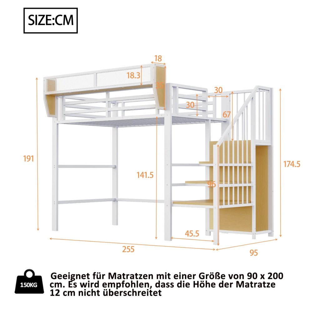 Letto a soppalco ¨C Minimal ¨C Bianco metallo 90x200