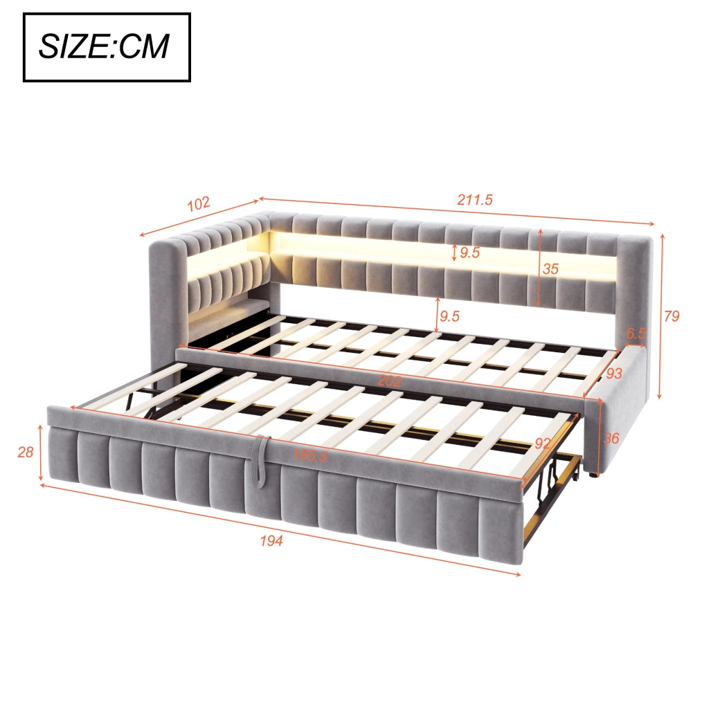 Letto imbottito trasformabile 90x200 cm con LED; USB e ripiani integrati; velluto grigio chiaro