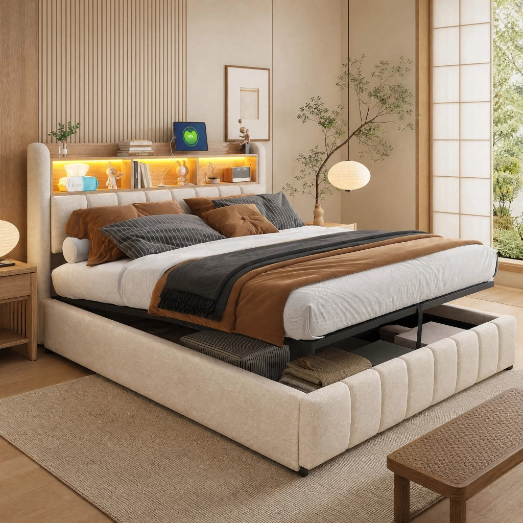 Letto imbottito 180x200 cm con LED; USB e Type-C; contenitore idraulico; beige in lino