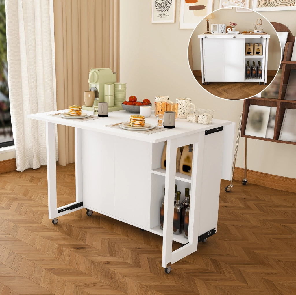 Tavolo pieghevole bianco multifunzione con ruote bloccabili a 360°, ideale come isola da cucina, tavolo da pranzo e mobile con ampio spazio contenitivo