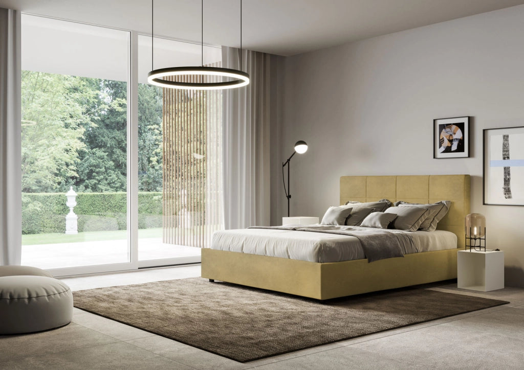 BS COM Letto queen size con rete imbottito 150x190 microfibra ocra