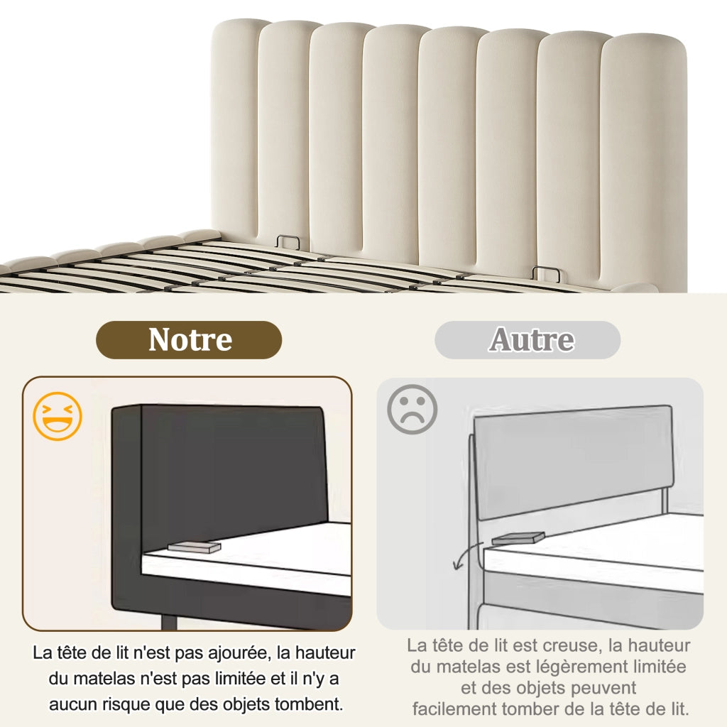 Letto matrimoniale contenitore 180 x 200 cm, letto imbottito idraulico in velluto con rete a doghe, contenitore, testiera beige a righe verticali