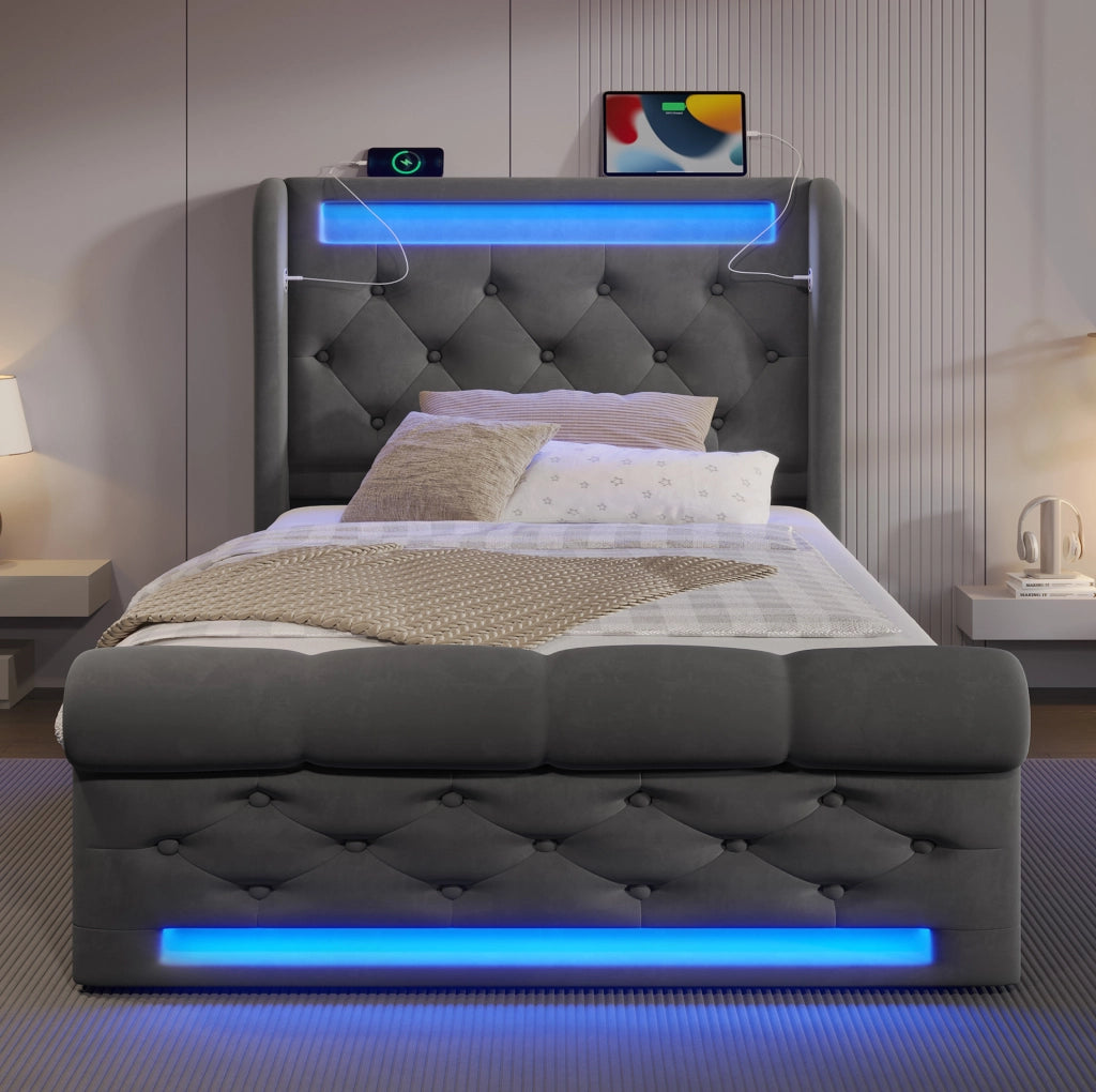 Letto singolo 90x200 cm in velluto con contenitore idraulico; LED; USB-C e materasso; grigio