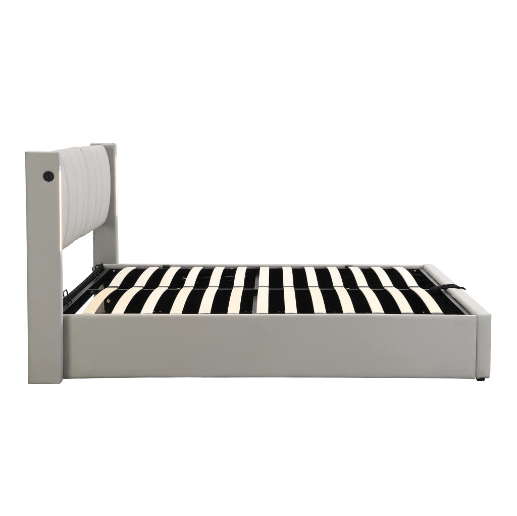 Letto imbottito grigio 140 x 190 cm con LED, USB e contenitore