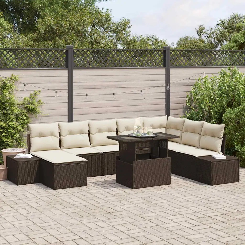 Set Divano da Giardino 9 pcs Marrone Poly Rattan