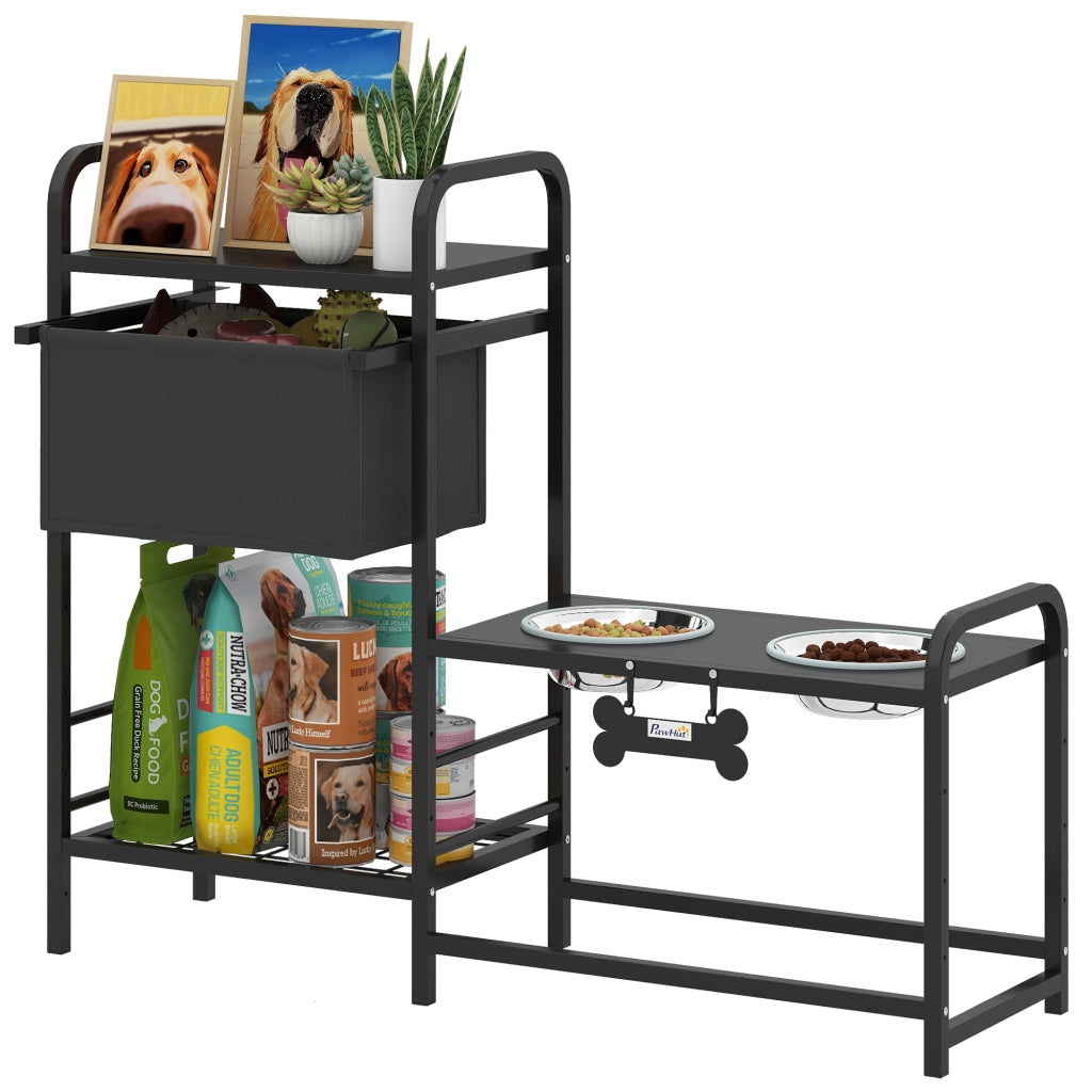 Porta ciotole rialzato per cani regolabile con mobile contenitore e 2 ciotole in acciaio inox 800ml 89,5x27x74 cm nero