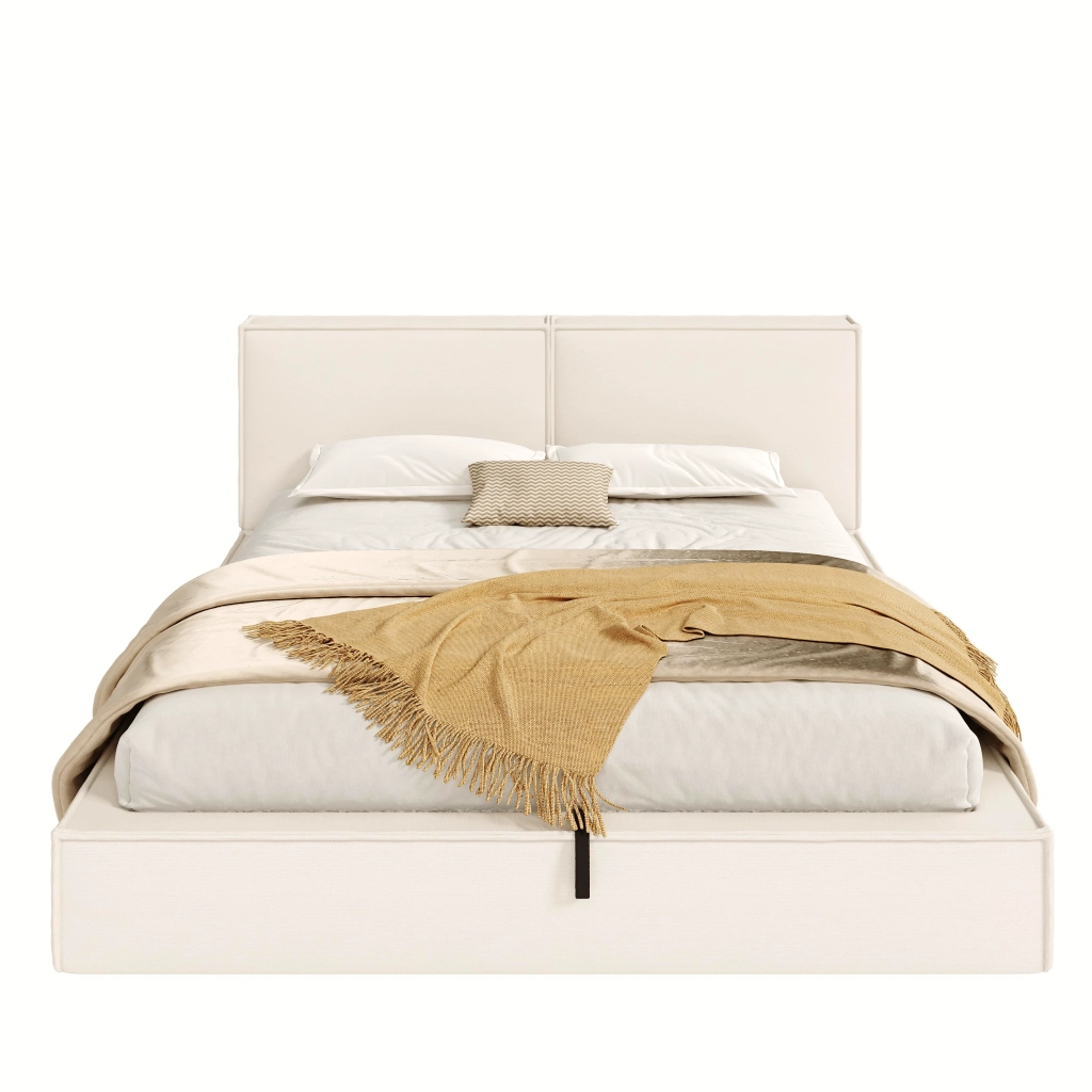 Letto matrimoniale contenitore 180 x 200 cm in lino beige, imbottito idraulico con rete a doghe, contenitore di contenitore spazioso
