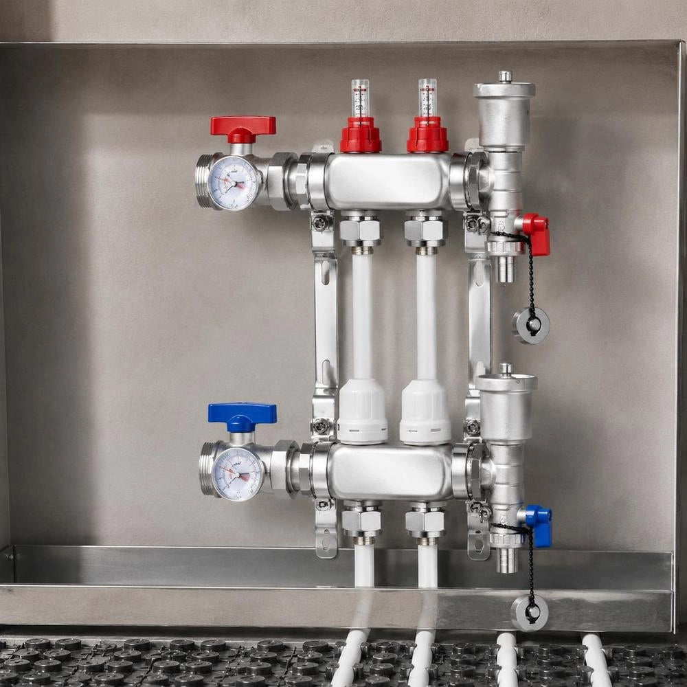 2-branch Heat Distribution Manifold, 1/2-inch PEX Pipe Manifold, Stainless Steel PEX Manifold For Hydronic Underfloor Heating, Heat Distribution PEX Manifold Set With 1/2-inch Adapters Included In The Scope Of Delivery