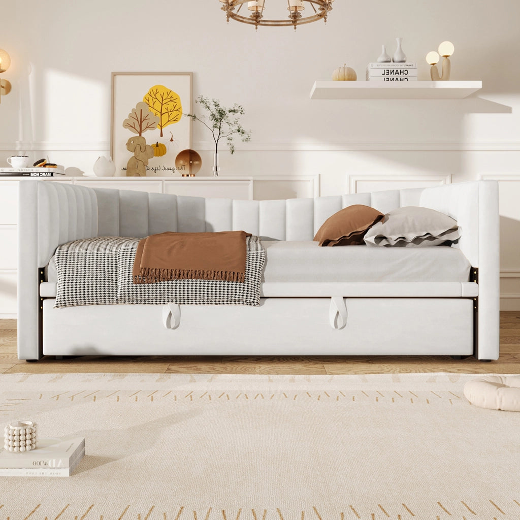 Letto estraibile imbottito in velluto e MDF bianco con letto supplementare regolabile