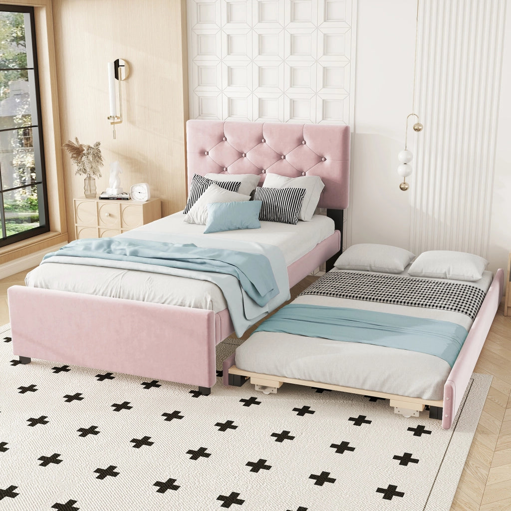 Letto Imbottito Singolo con Rete a Doghe e Contenitore ¨C MINIMAL ¨C Velluto Rosa 90x200