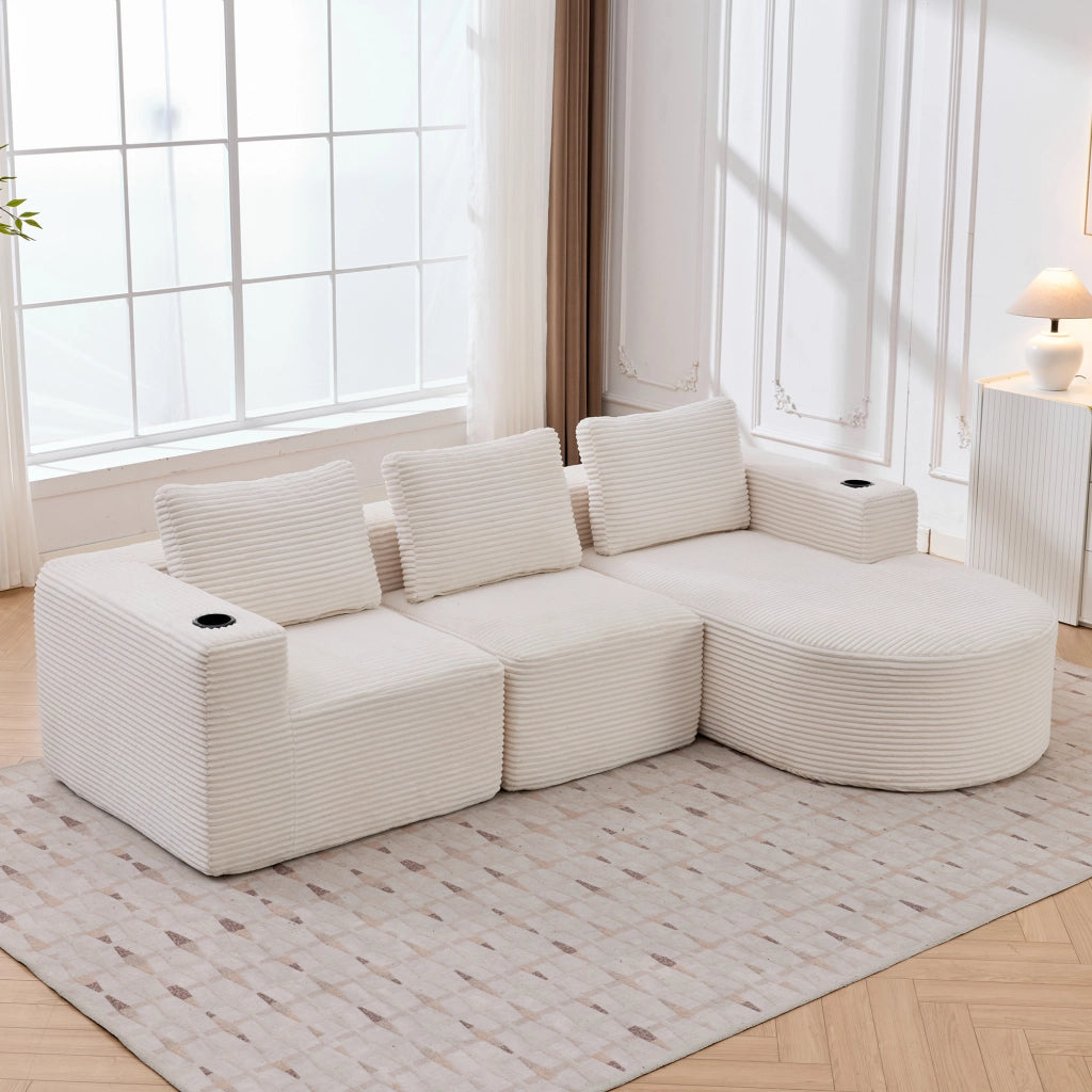 Divano 2 posti beige in velluto a coste 265 cm con portabicchieri e cuscini