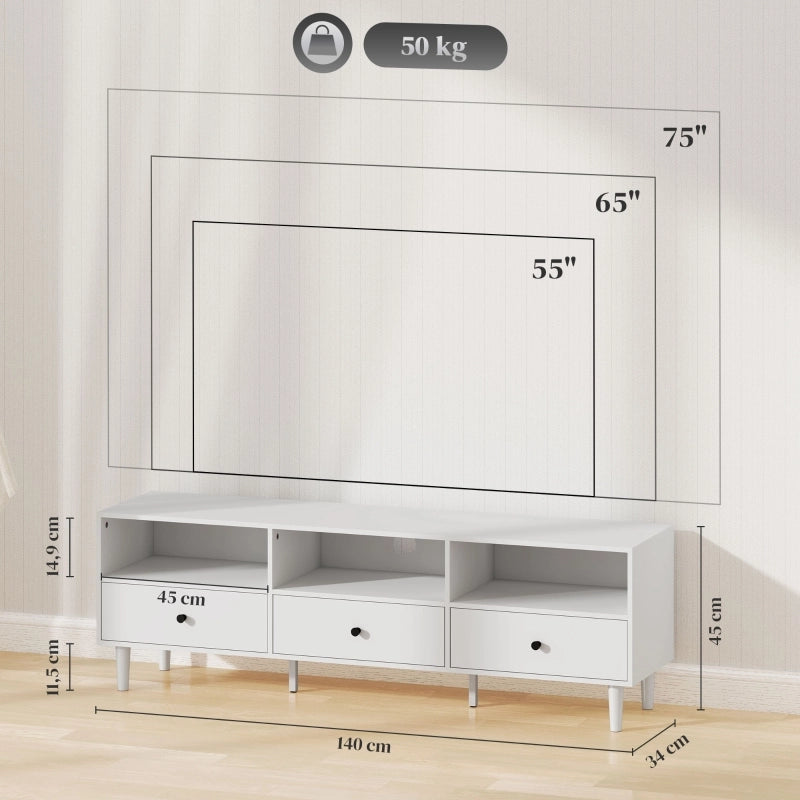 Mobile porta TV bianco 140 cm con 3 cassetti