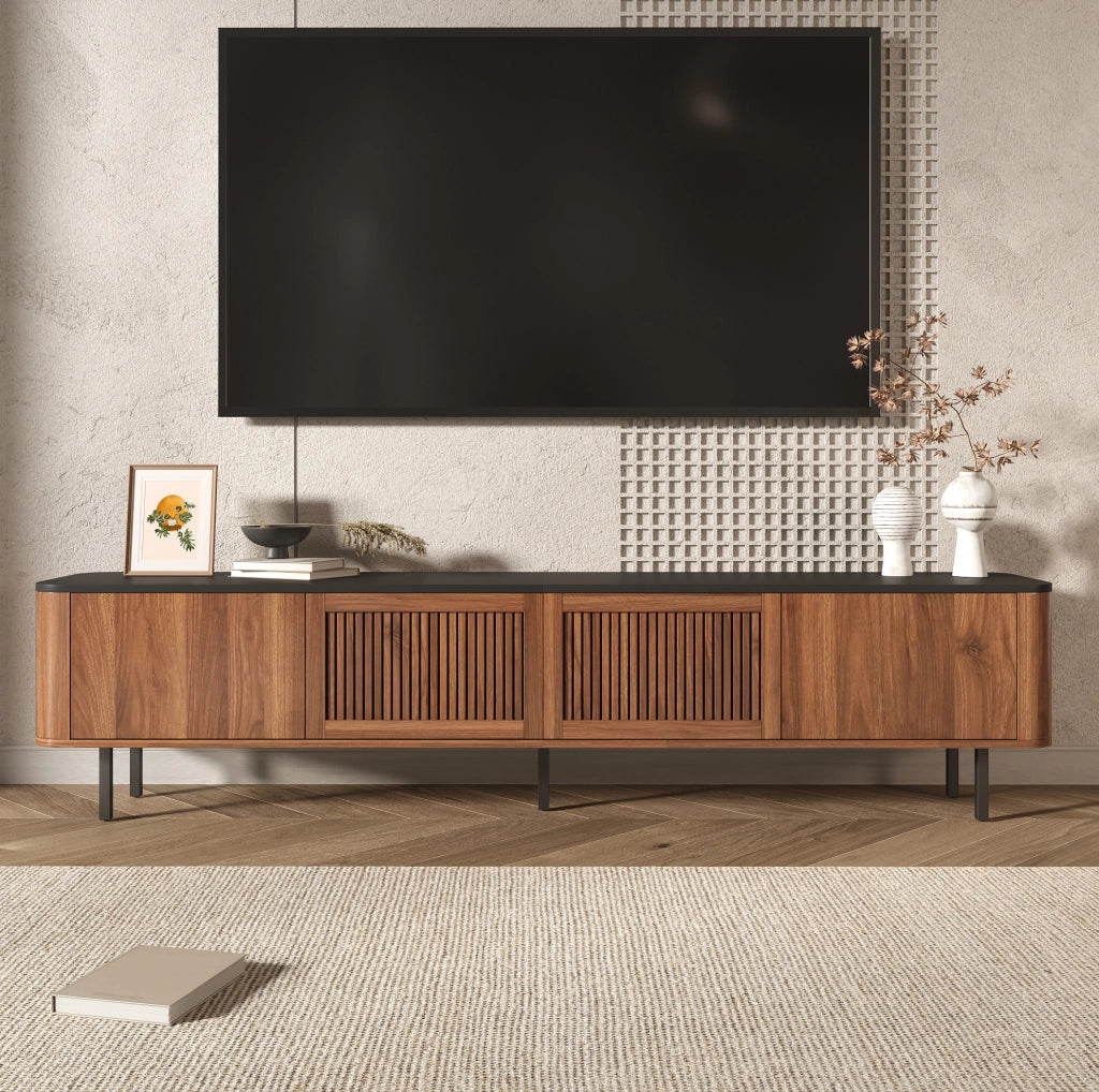 Mobile TV moderno 190x35x45 cm in MDF e pannello truciolare; effetto noce e nero