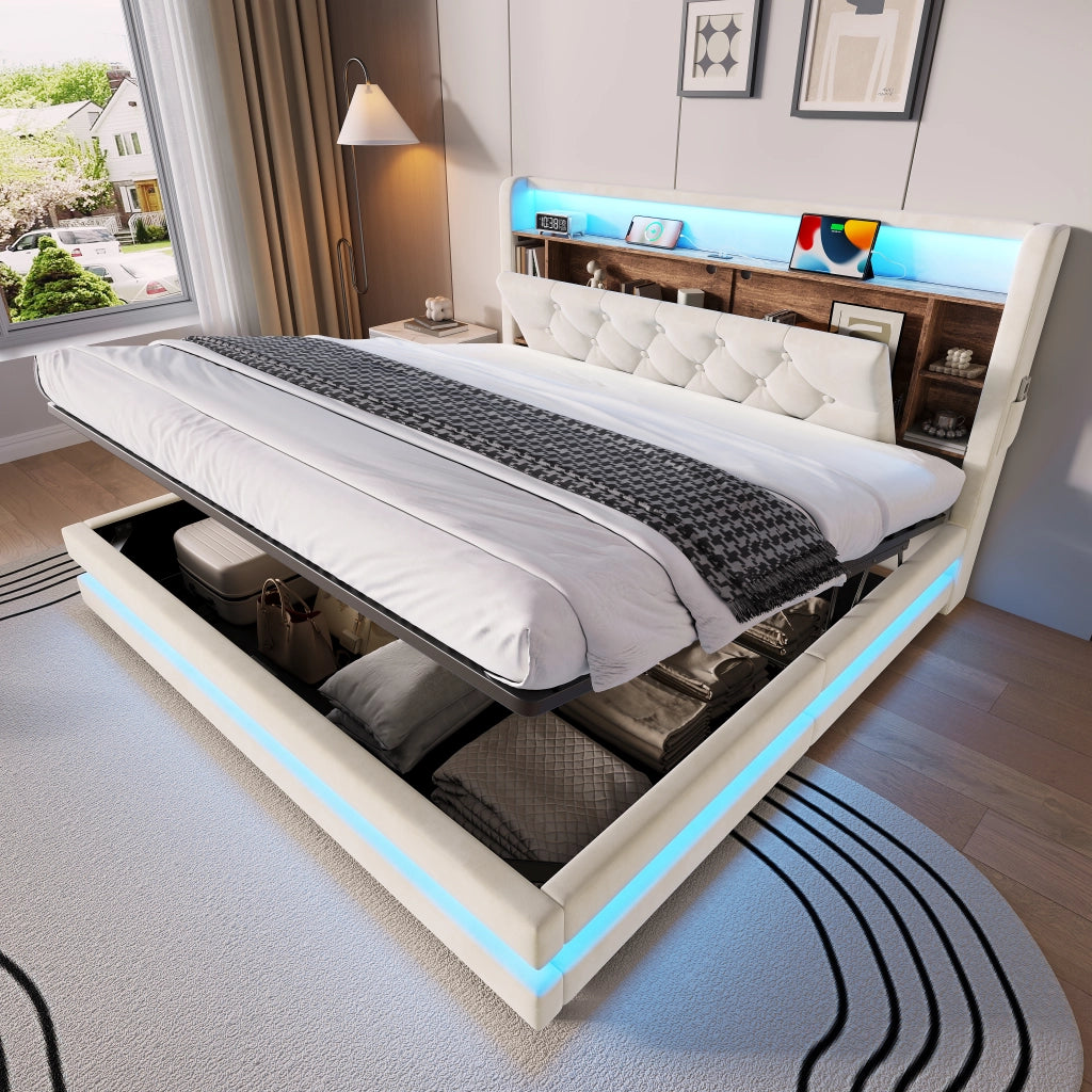 Letto matrimoniale imbottito 160x200 cm con contenitore idraulico; LED e USB; beige