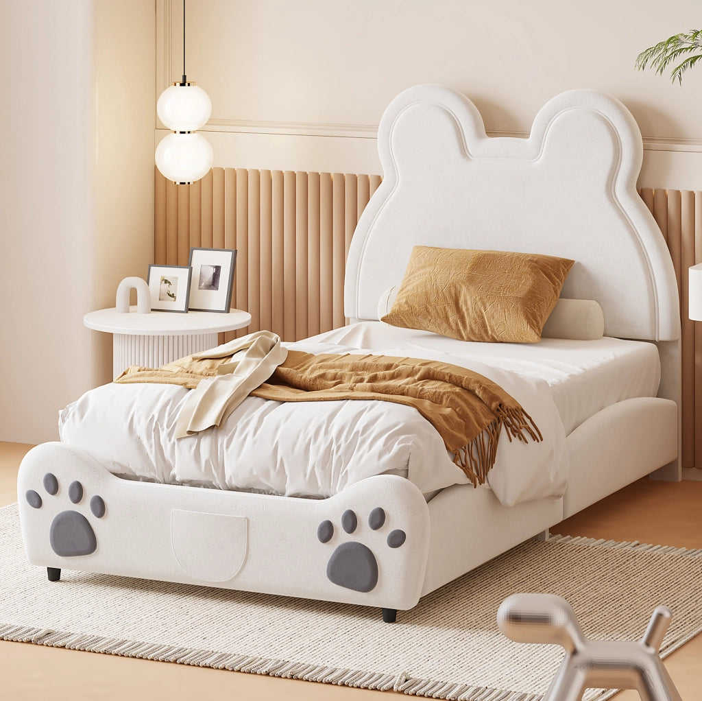 Letto imbottito per bambini a forma di orso; 90 x 200 cm; velluto bianco