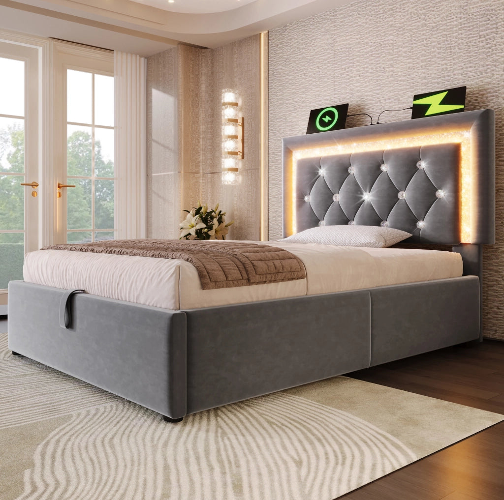 Letto singolo 90x200 cm in velluto grigio con LED, presa USB e Type-C, contenitore e materasso