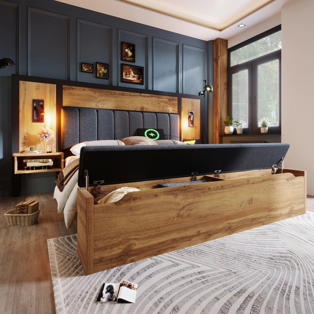 Letto matrimoniale imbottito 160x200 cm rovere con comodini