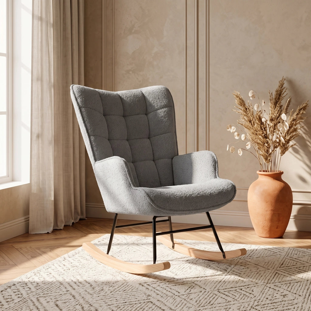 Sedia a Dondolo Poltrona Imbottita Relax con Braccioli Schienale Alto;Grigio scuro;Pile effetto orsetto
