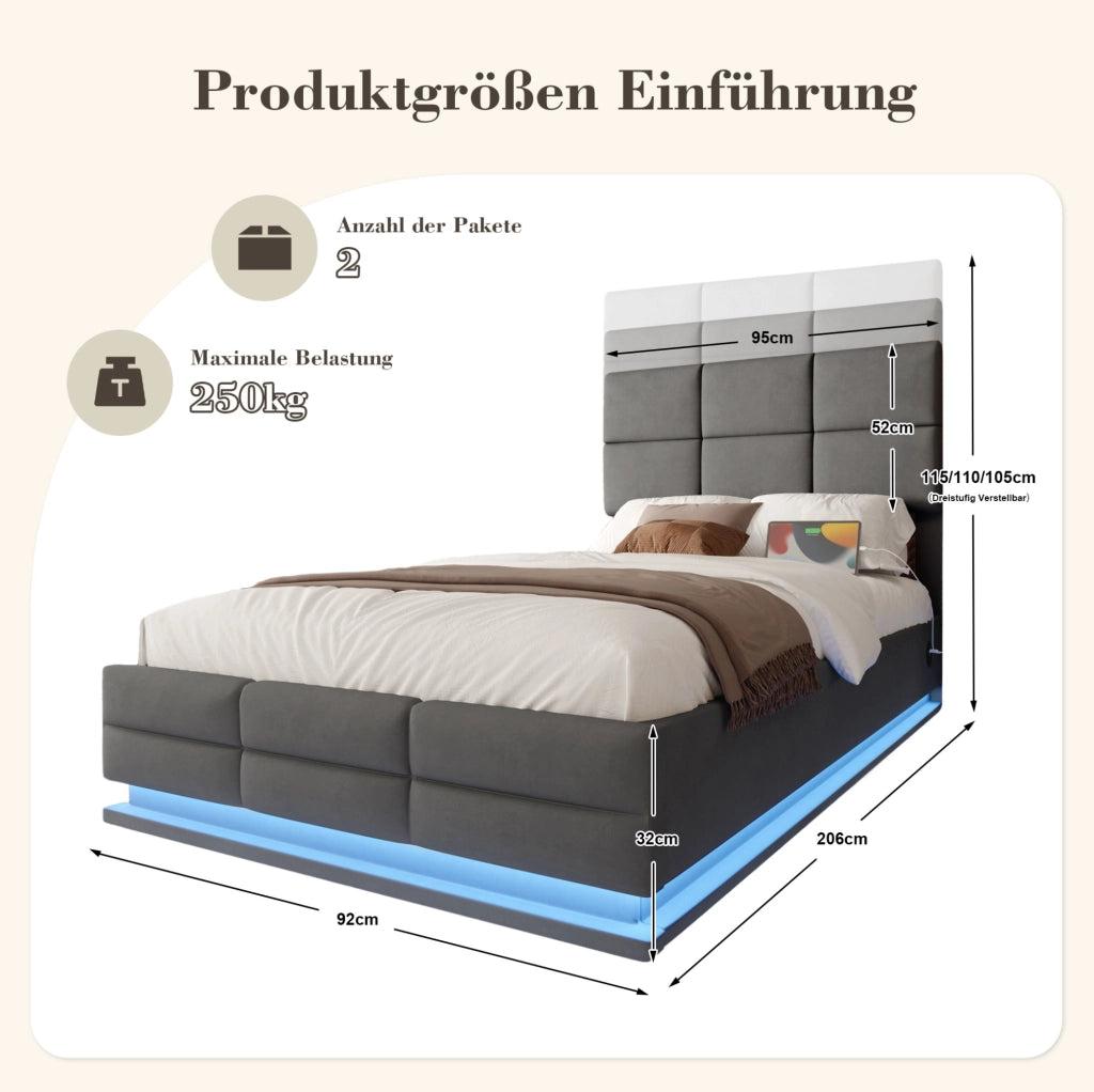 Letto singolo 90x200 cm con contenitore; testiera regolabile; LED e USB; velluto grigio scuro
