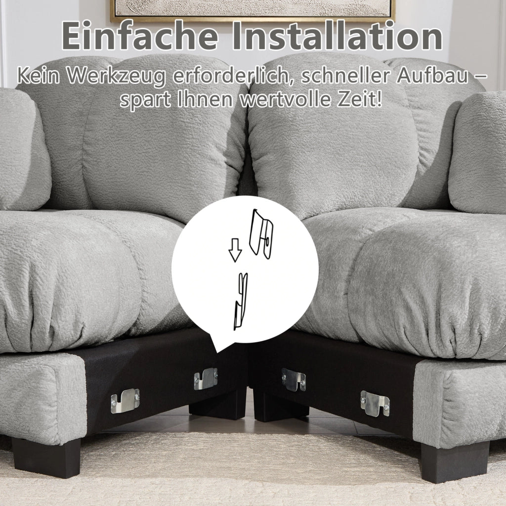 Divano 3 Posti in Chenille Grigio Chiaro con Cuscini Decorativi e Sedute Imbottite 260x86x90 cm