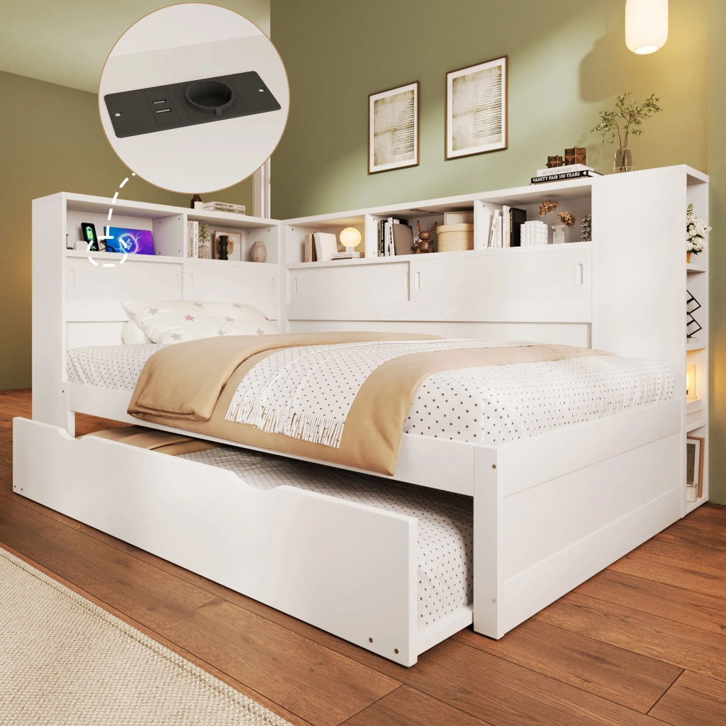 Desviae Letto per bambini 90 × 200 cm con letto estraibile vani portaoggetti USB struttura in legno di pino bianco