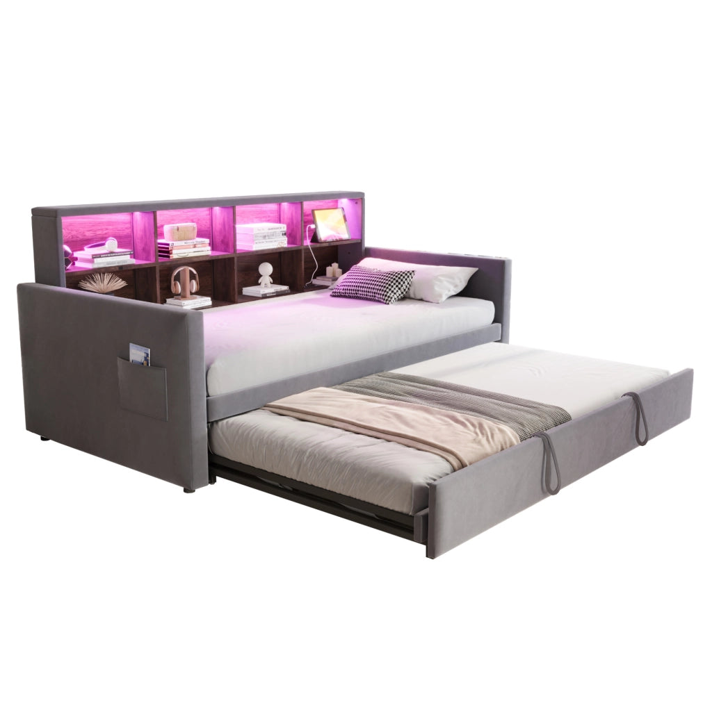 Divano letto imbottito 90x190 cm con contenitore, LED e prese integrati