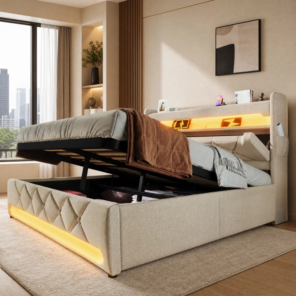 Letto contenitore 180 × 200 cm con LED; USB e Type-C; lino beige