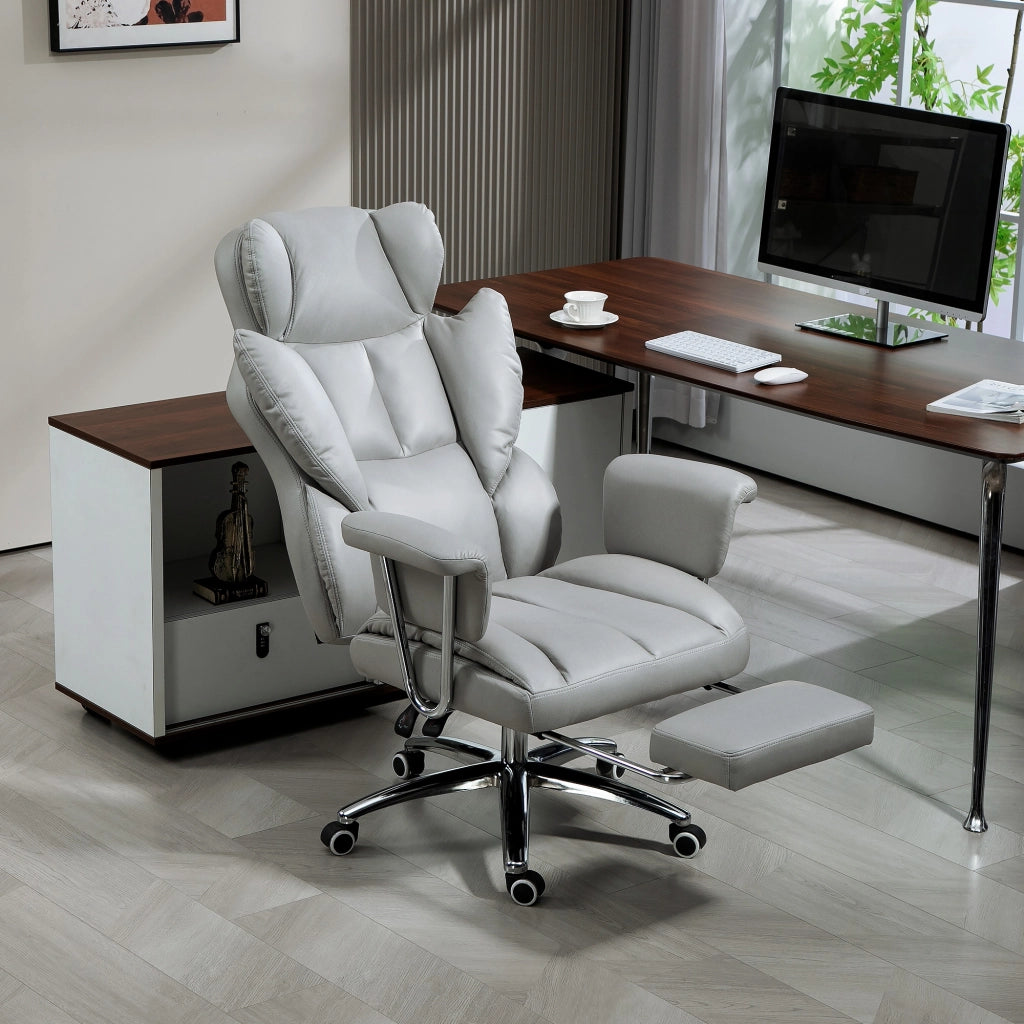 Sedia da ufficio ergonomica reclinabile con poggiapiedi e seduta girevole imbottita in schiuma grigio chiaro