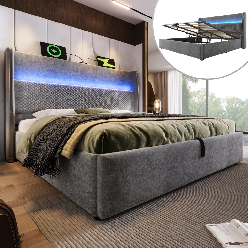 Letto contenitore 140x200 cm con testiera alta e illuminazione LED integrata