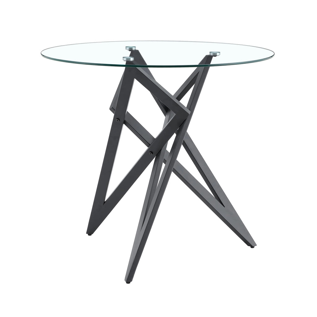 Tavolino da salotto rotondo moderno con piano in vetro temperato e base geometrica in metallo per soggiorno, nero