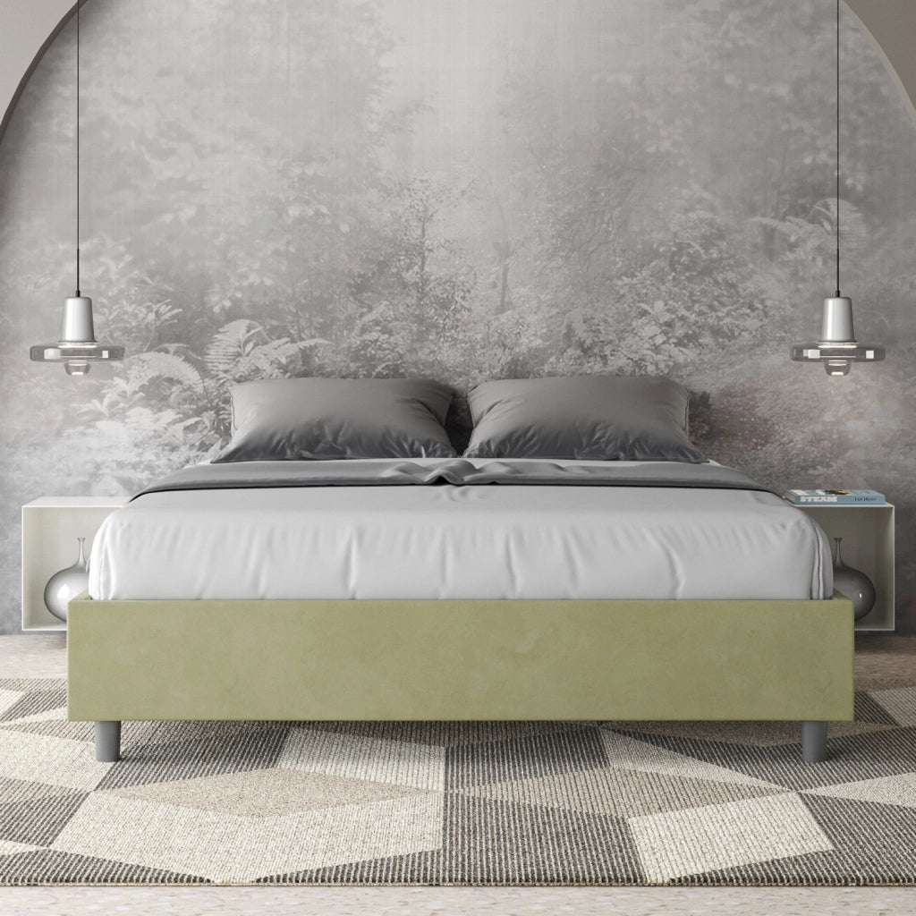 BS COM Letto queen size contenitore imbottito 150x200 microfibra tè verde
