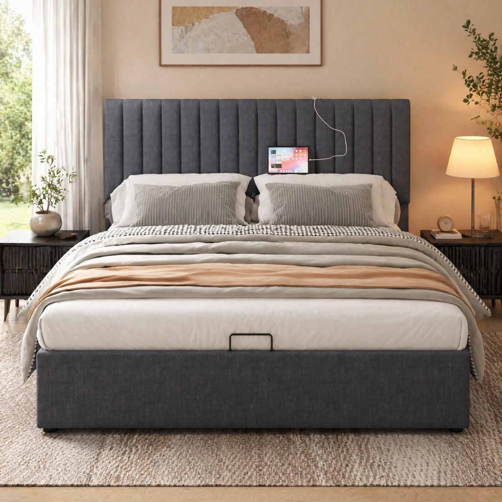 Letto matrimoniale 140x200 con LED, USB-C e vano contenitore