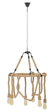 Lampadario Rope Circle Ø64x90 cm in Ferro e Corda Marrone e Nero