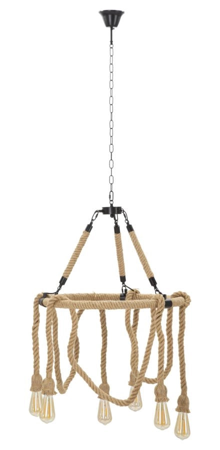Lampadario Rope Circle Ø64x90 cm in Ferro e Corda Marrone e Nero