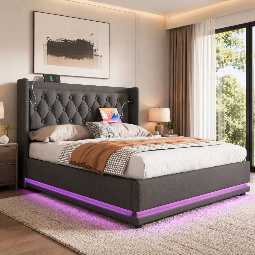 Letto matrimoniale contenitore 140 × 200 cm grigio in cotone con LED; USB e Type-C