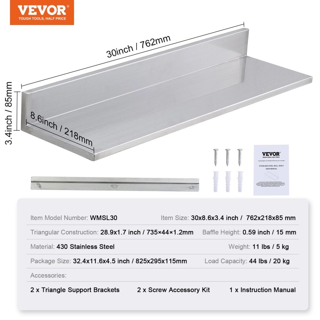 Set 2 Mensole da Parete a L in Acciaio Inox 762 x 218 x 85 mm Scaffale Murale Portaspezie Robusto per Cucina Portata Max 20kg