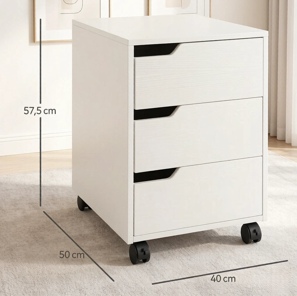 Cassettiera mobile bianca con 3 cassetti e ruote, in MDF e metallo