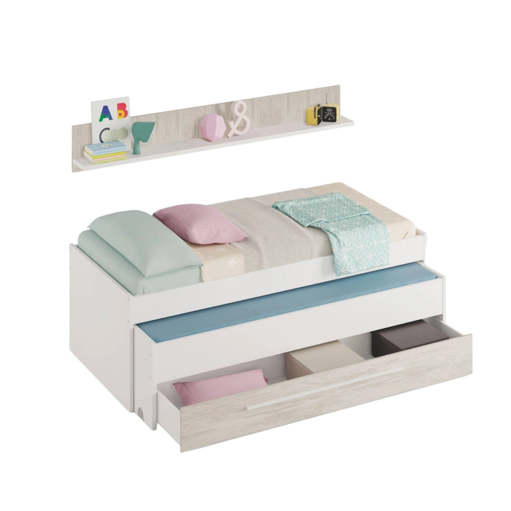 Letto singolo Art, Struttura letto per cameretta, Letto singolo con lettino estraibile e cassettone e mensola abbinata, cm 199x96h65, Bianco