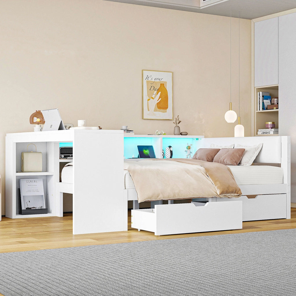 Letto piattaforma 140x200 cm con LED, USB e cassetti bianco